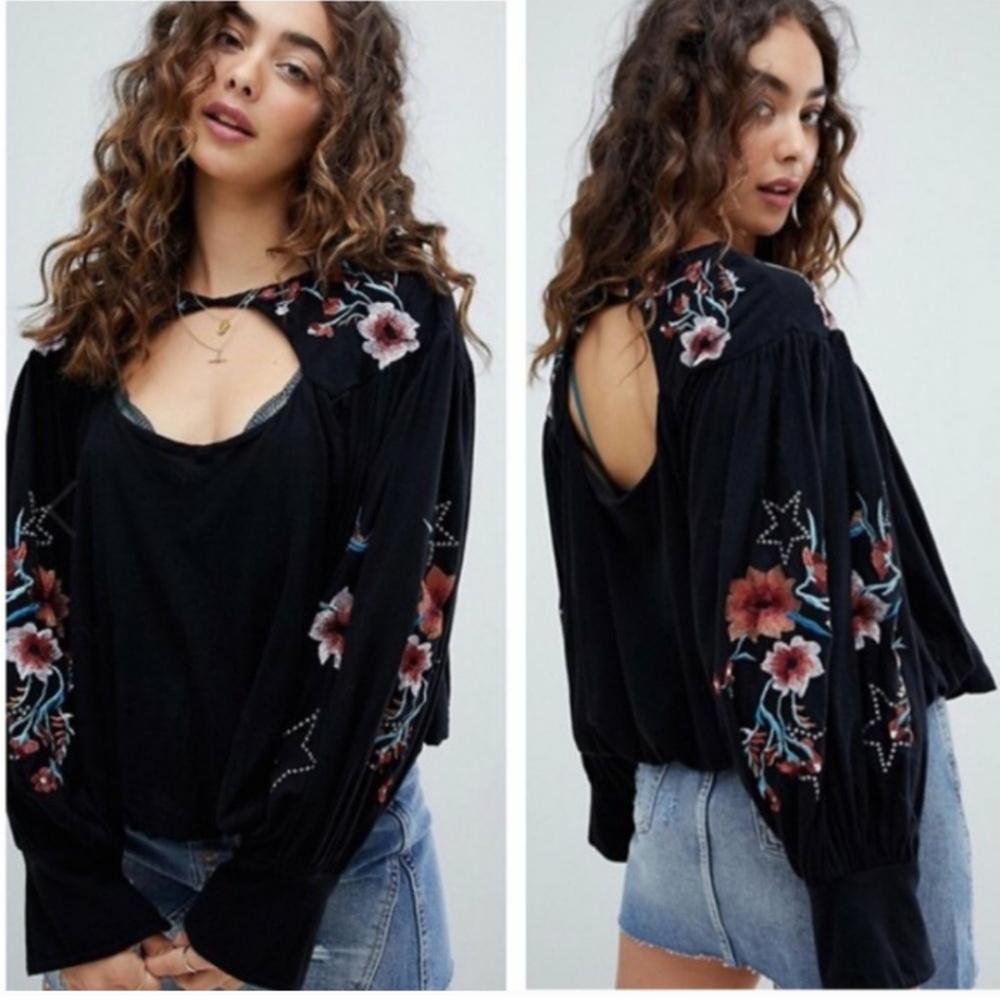 Free People Black Blouse Embroidered, Free People Lita Blouse Bell Sleeve Blouse